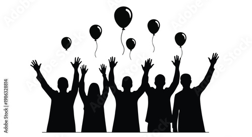 Happy people celebrating with raised hands and balloons in silhouette, joyful festive atmosphere for party or special occasion