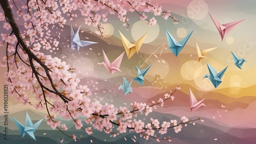 whimsical origami birds flying in soft pastel spring sky with cherry blossoms and golden sunlight