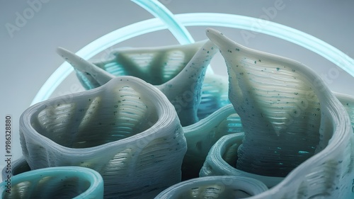 3D printed blue objects with neon light, technology concept