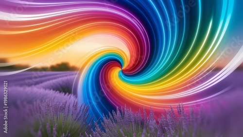 Vibrant rainbow swirl abstract design in lavender field at sunset