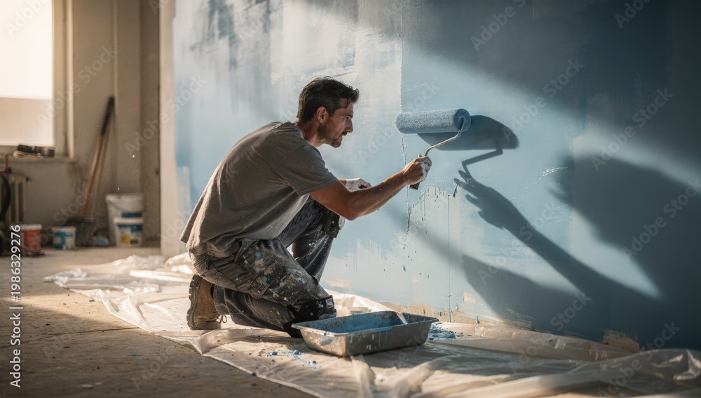 Fototapeta premium Professional Painter Working on Blue Interior Wall Transformation using Paint Roller Dynamic Renovation Scene with Paint Splashes and Natural Lighting highlighting Craftsmanship and Detail.