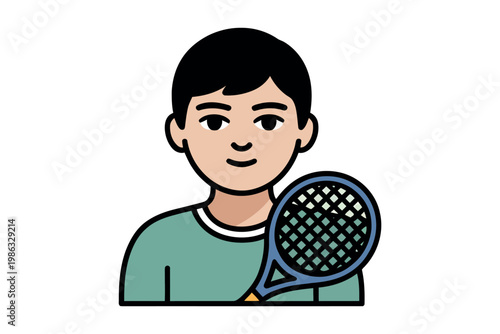 A cartoon boy holding a tennis racket with a smile on his face