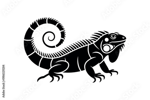 A black and white illustration of a lizard with a curled tail and sharp claws on a plain background
