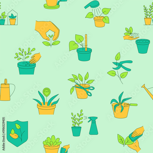 Seamless pattern with home plant care symbols