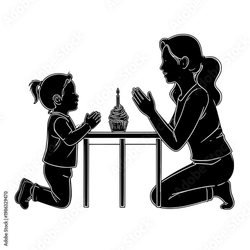 Single mother celebrating a small birthday at home with one candle on a cupcake silhouette representing family bonding