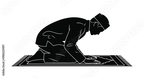 Man praying on prayer mat in black and white illustration, Muslim man in prostrate position, Islamic prayer, religious concept, faith and spirituality