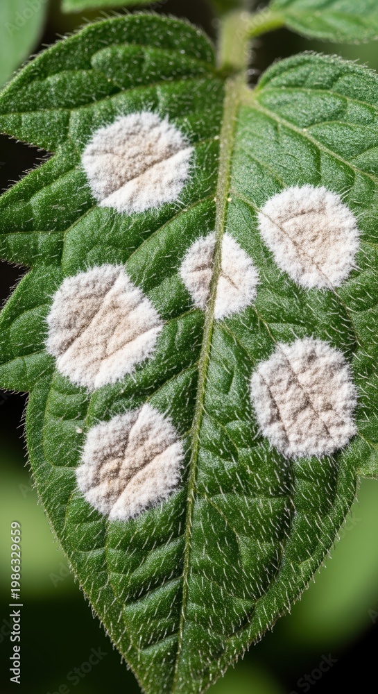 Fototapeta premium close-up of tomato leaf with powdery mildew fungal infection in garden on a bright day