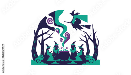 Witches gather around a cauldron in a dark forest, brewing a potion under a mystical sky.