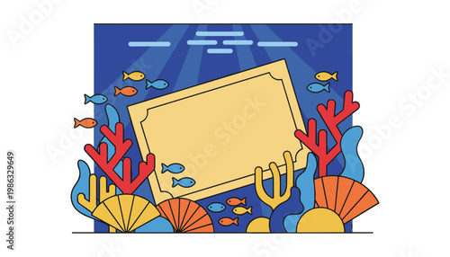 An underwater scene with a blank certificate surrounded by coral, fish, and seashells.