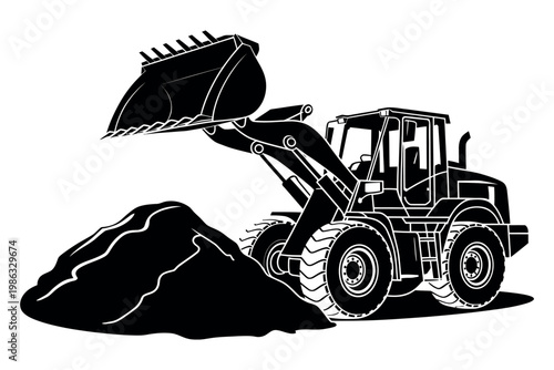 Excavator silhouette moves a pile of dirt during construction work.