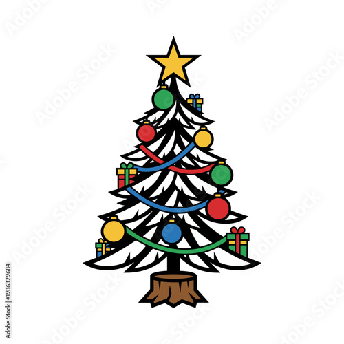 A stylized black Christmas tree with colorful baubles and presents at its base.