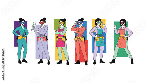 Six diverse women in workwear and tool belts pose confidently in a line.