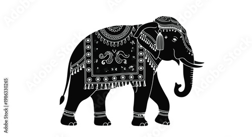 Decorated elephant walking with traditional ornate pattern and accessories on white background, symbolizing cultural heritage and wildlife conservation