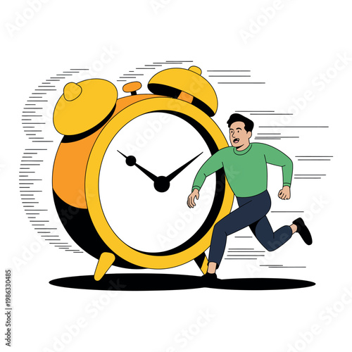 Man running from a large alarm clock, signifying urgency or deadlines.