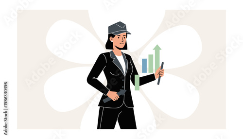 A woman in a business suit and cap holds a stylus near a growing business graph.