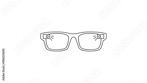 Minimalist black line vector icon of augmented reality AR glasses on a white background. This scalable illustration features a sleek outline design perfect for technology and futuristic concepts.