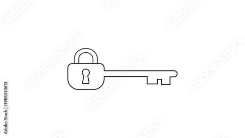 Minimalist black line vector icon of an encryption key with a padlock head on a white background, representing digital security, data protection, privacy, cyber safety, and secure access control.