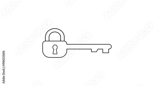 Tableau sur toile Minimalist black line vector icon illustration of a key combined with a padlock, symbolizing encryption, digital security, privacy, and data protection on a clean white background for web design