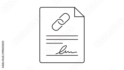 Smart contract vector icon illustration featuring a minimalist black line drawing of a document with a chain link symbol and a signature on a white background, scalable outline graphic design.