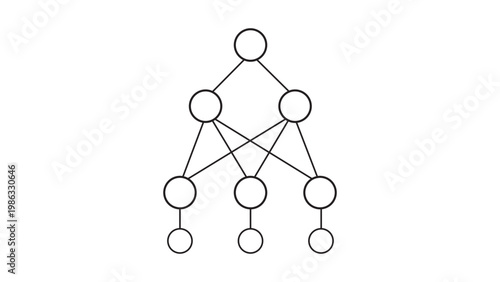 A minimalist black line vector icon illustration of a neural network structure representing machine learning, artificial intelligence, deep learning, and data science on a white background.