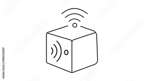 Photos IoT smart device cube vector icon with wireless signal symbols, minimalist black line illustration representing connectivity, internet of things, and modern technology on white background