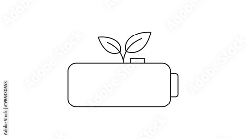 Eco-friendly battery vector icon with green leaves, minimalist black line illustration representing sustainable energy, renewable power, and environmental efficiency on white background.