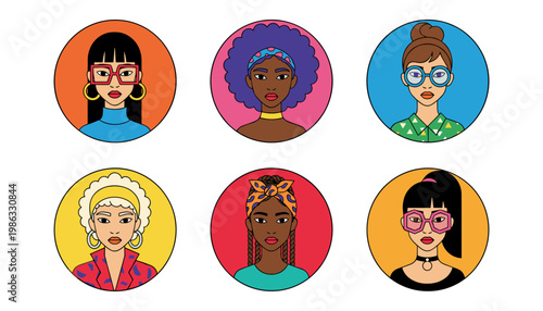 A collection of six diverse women's avatars with unique styles, showcasing individuality and empowerment.