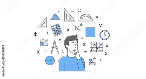 Man thinking with math symbols.