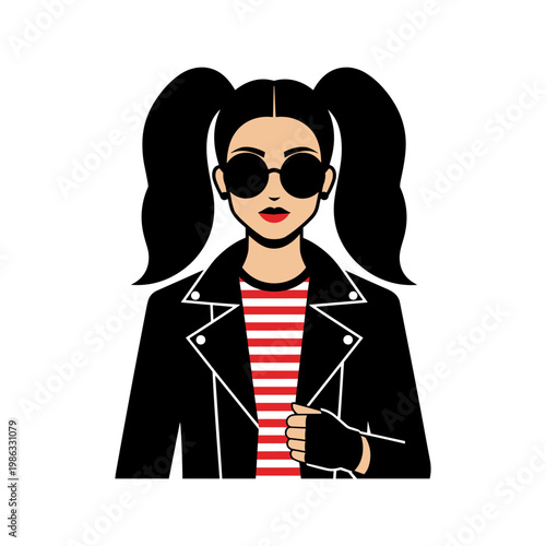A woman with dark pigtails and sunglasses poses confidently in a black leather jacket and striped shirt.