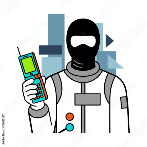 A person in a black balaclava and white suit holds an old-fashioned mobile phone.