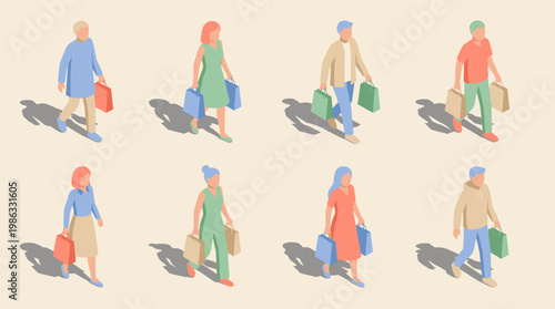 A diverse group of people in isometric 3D model walks and carries shopping bags. Consumerism
