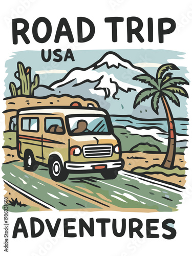 vintage car poster road trip illustrration
