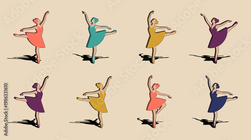 Set of three-dimensional ballerinas: Minimalist ballerinas in various shades with long shadows