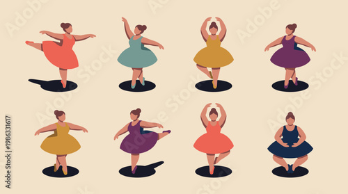 A diverse group of curvy, three-dimensional dancers in various poses, celebrating body positivity
