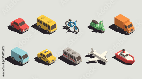 Collection of 3D isometric transport vehicles: car, bus, bicycle, scooter, van, taxi, train, airplane, boat
