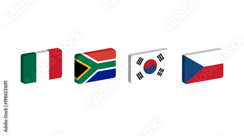 Collection of four 3D isometric national flags representing: Italy, South Africa, South Korea and Czech Republic
