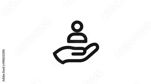 Minimalist line icon: Human figure on open hand, symbolizing care, support, customer service, help, and user experience.