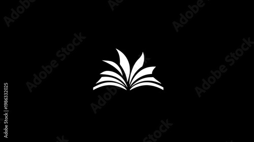 Minimalist White Abstract Open Book Icon with Fanned Pages on Black Background, Graphic Design Element for Education and Learning Concept