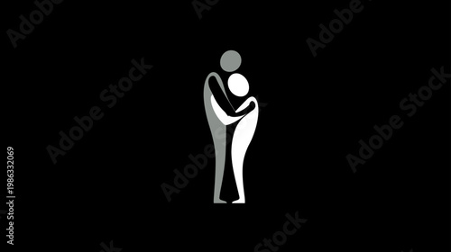 Abstract embrace of two stylized figures representing connection, love, support, and unity on a minimalist black background