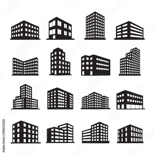 Modern Building Silhouette Icon Set City Architecture Office Blocks