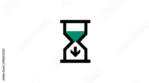Minimalist hourglass icon with green sand flowing down, symbolizing time passing, countdown, and waiting period