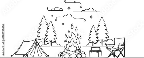 Continuous line art vector graphic illustration showing a serene outdoor camping scene with essential gear.