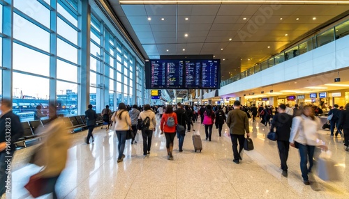 Busy Airport Terminal with Travelers and Flight Information Displays.