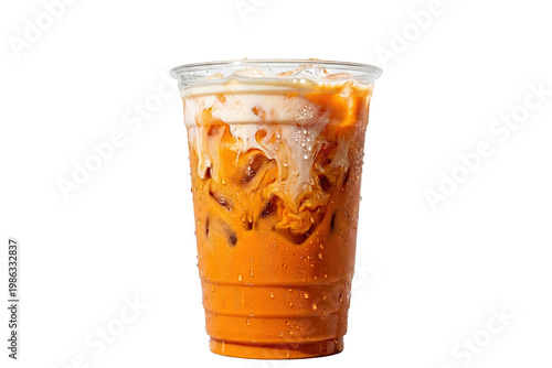 thai iced tea with milk and ice in a plastic takeaway cup on transparent background