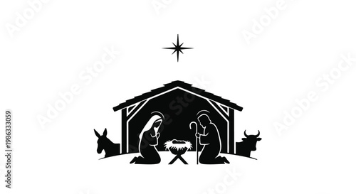 Nativity scene silhouette Mary Joseph Jesus manger star Christmas religious icon black white