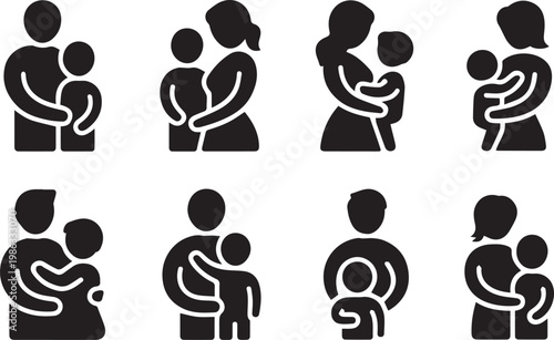 Set of black and white vector icons illustrating parents with children, symbolizing family and guardianship relationships