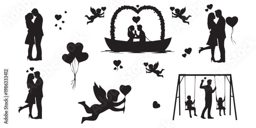 Romantic valentines day silhouettes couples in love hearts and cupid's arrows