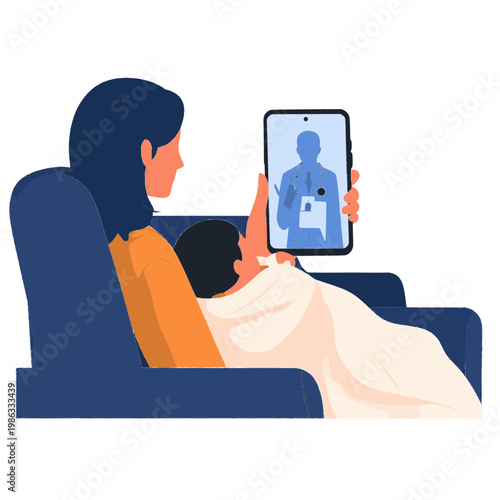 Single mother holding sick baby during video call on tablet with doctor remote communication concept