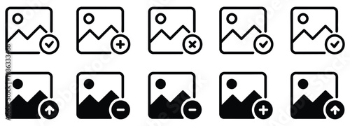 Image gallery icon set image picture symbol add image or picture icon set photo album icon image download and upload icons image delete sign, media management and photo storage interface
