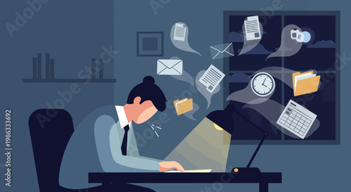 Overwhelmed businessman at office desk.